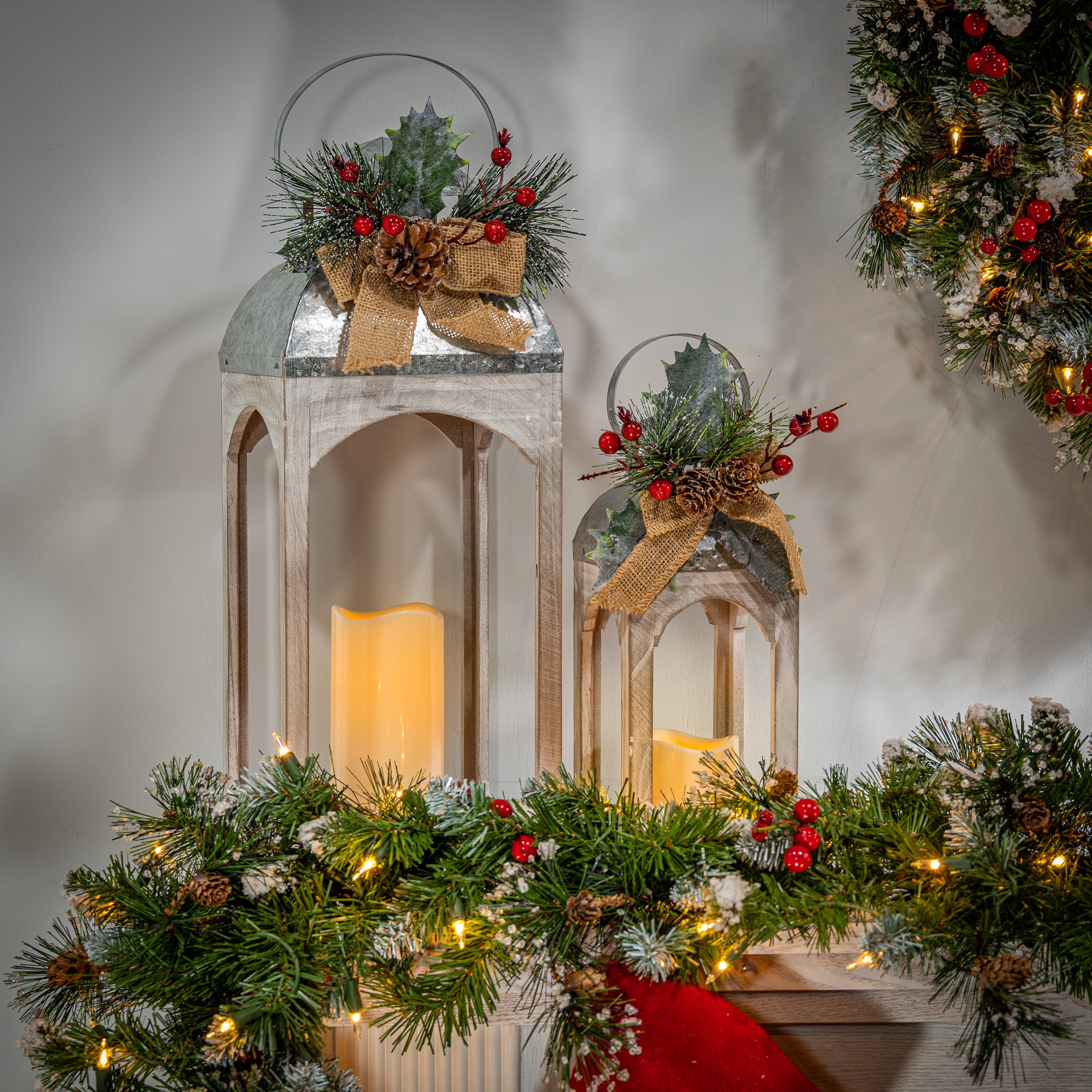 Set of 2 Christmas Holiday Lantern with Floral Accents, LED